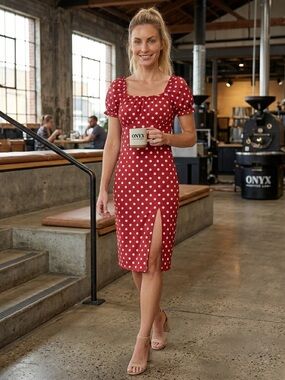 Red Polka Dot Puff-Sleeve Midi Dress with Front Slit